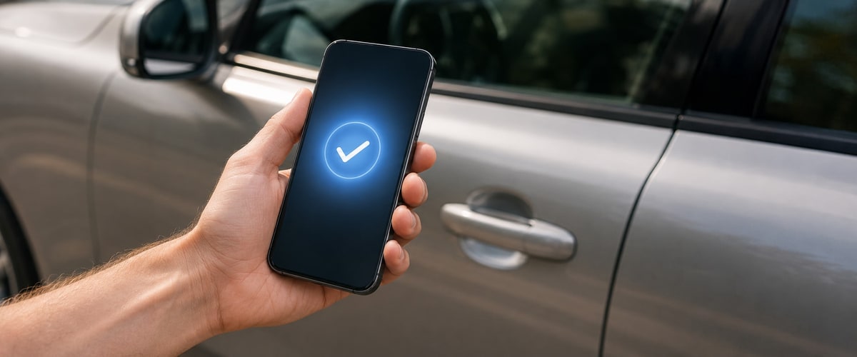 Rental car keys being handed over after identity verification and a signed rental agreement