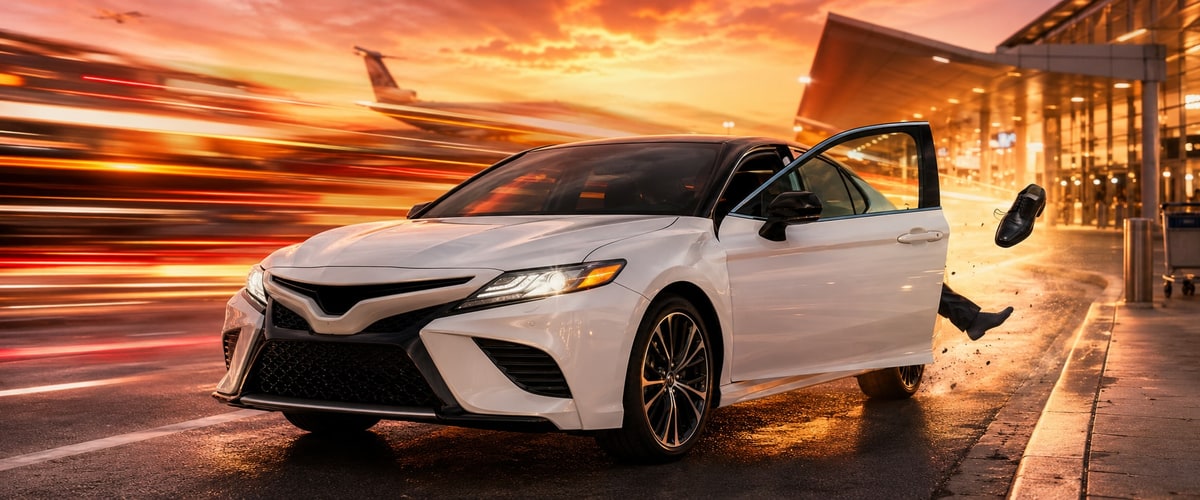 White Toyota Camry XSE with a black roof, parked and ready, evoking the car from the wedding story
