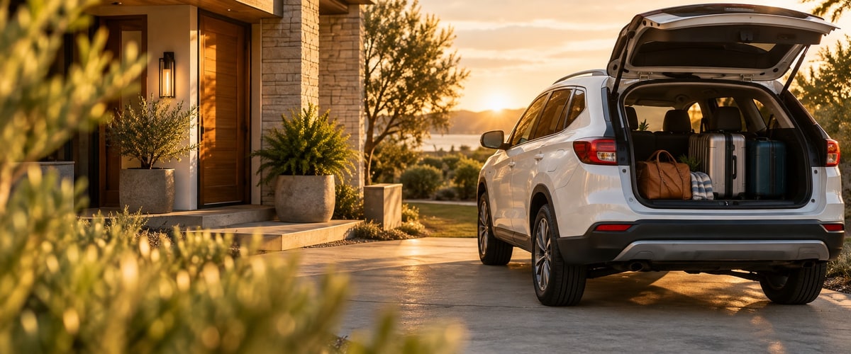 White SUV with an open trunk loaded with luggage, parked in a driveway at sunset