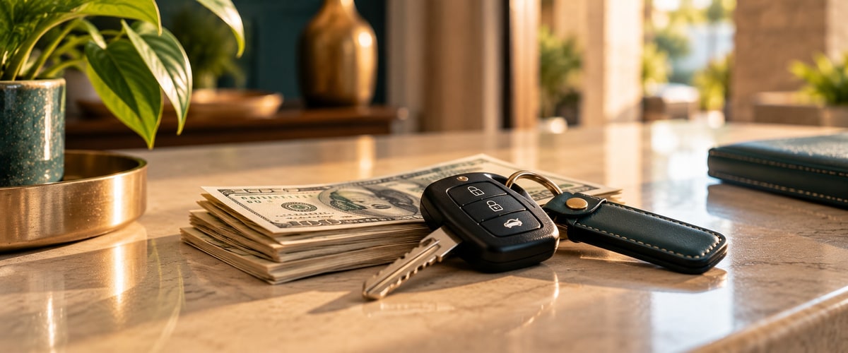 Cash and a car key on a marble countertop