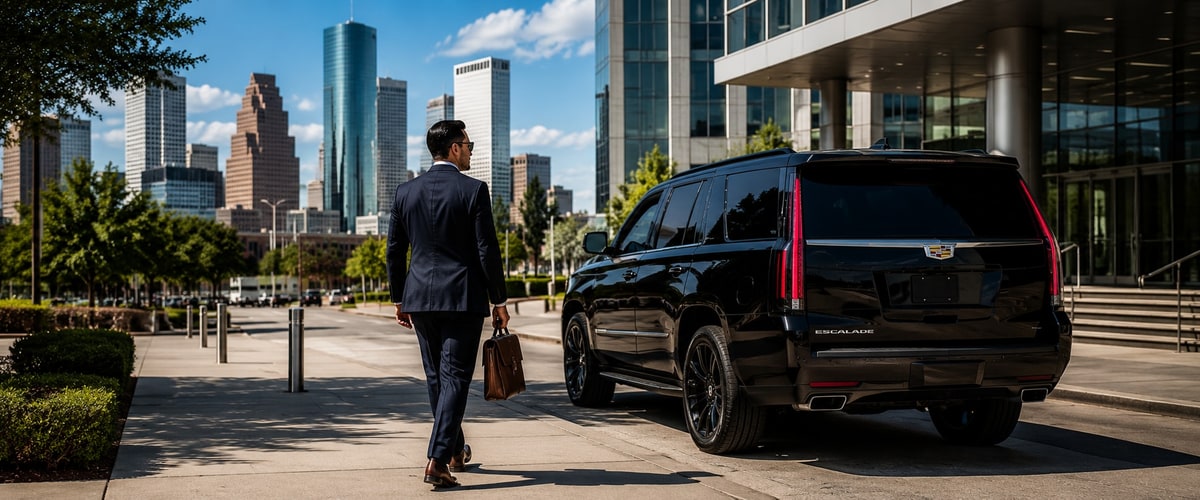 Business traveler walking toward Cadillac Escalade outside Houston corporate building