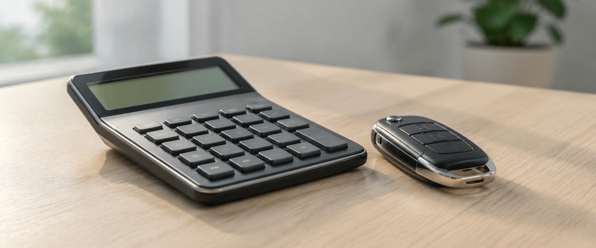 Calculator and vehicle key resting on a desk while comparing rental cost totals