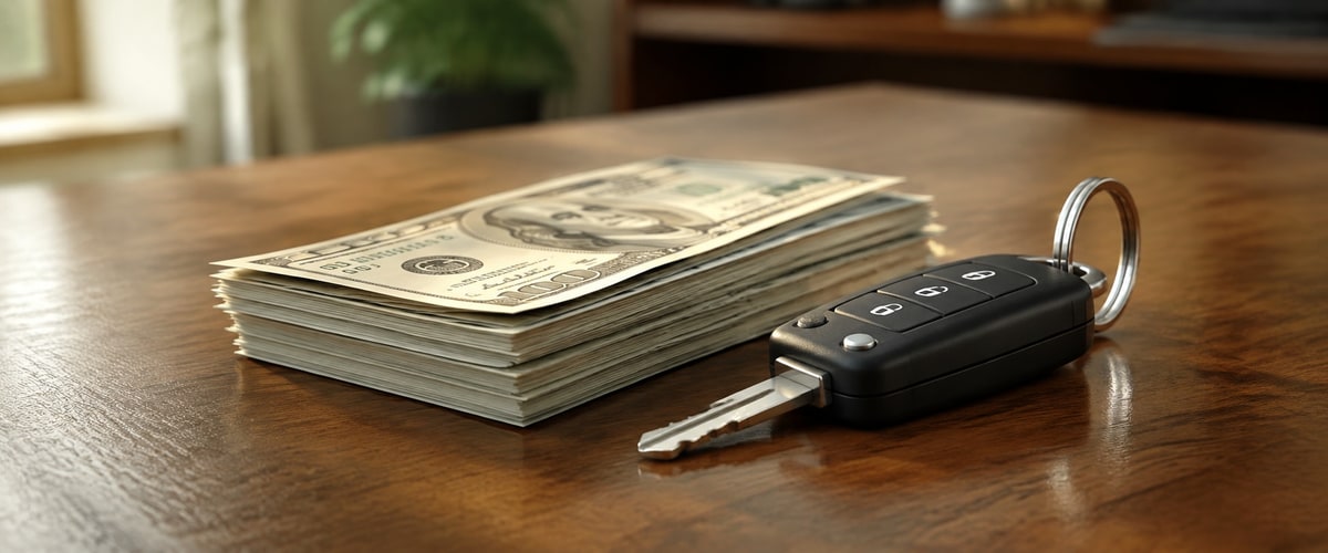 Stack of hundred-dollar bills next to a car key on a wooden desk