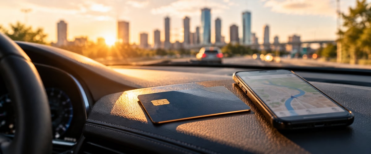 A debit card and a phone showing a map app resting on a car dashboard with a city skyline ahead