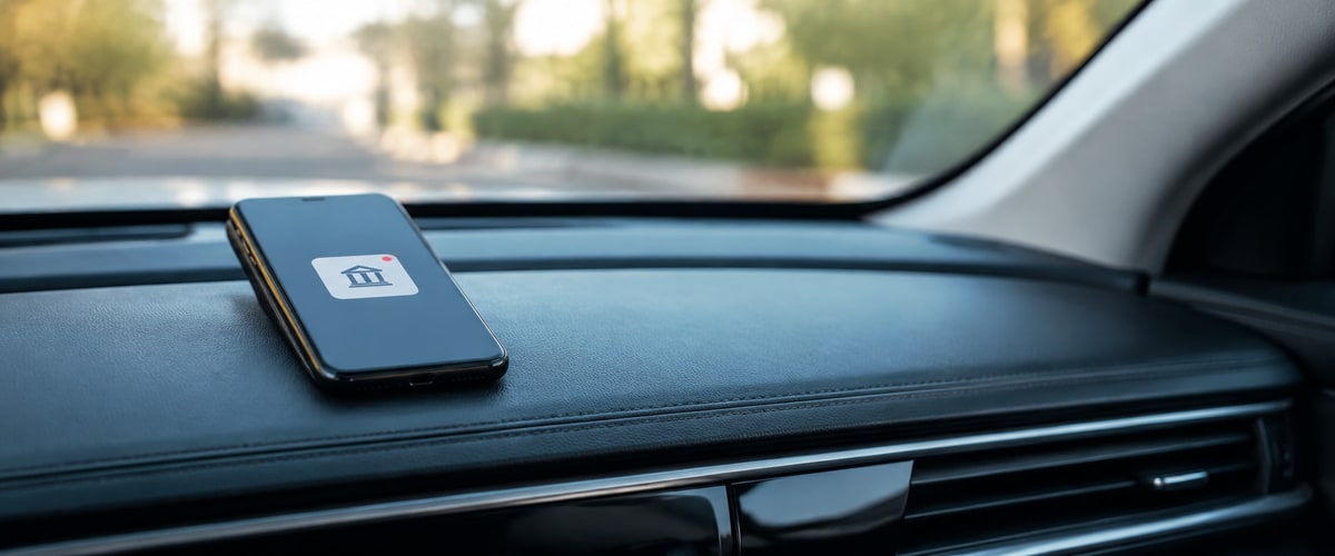 Phone showing a banking app resting on a car's dashboard