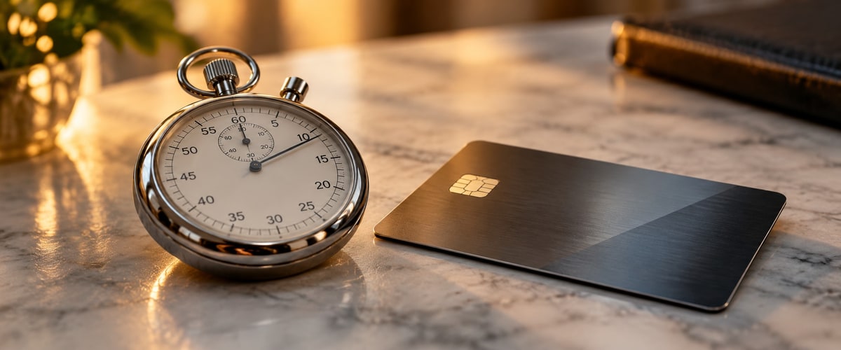 A stopwatch next to a metal credit card on a marble countertop