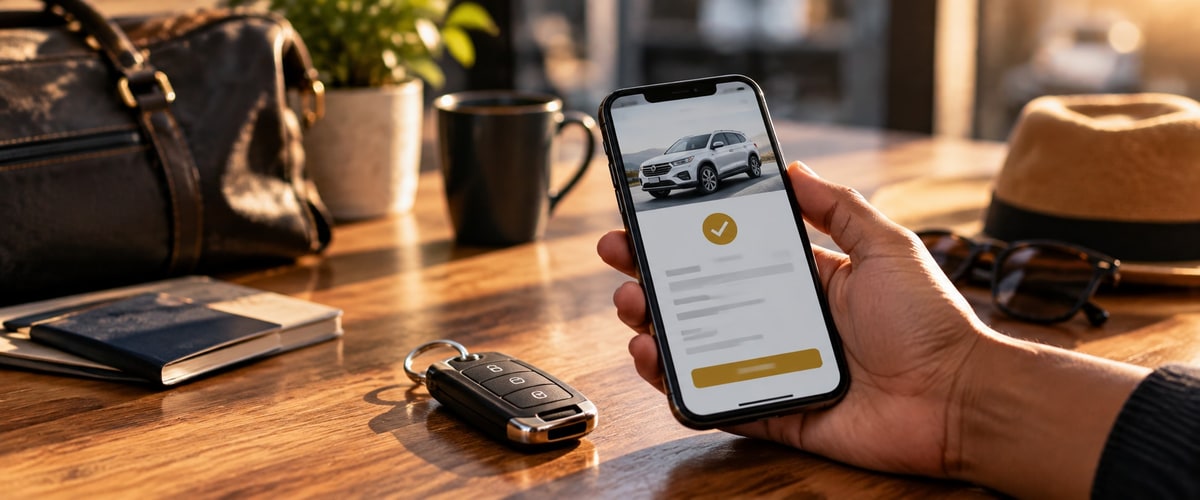 Hand holding a phone showing a vehicle booking confirmation, with a car key on a wooden desk