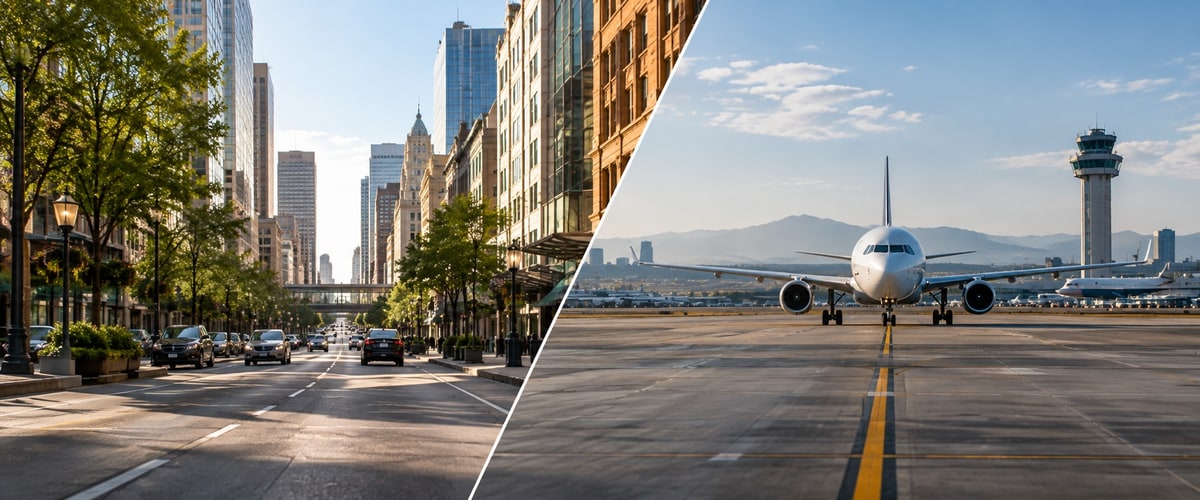 Split view of a downtown Houston street with parked cars next to an airport runway with a plane on the tarmac