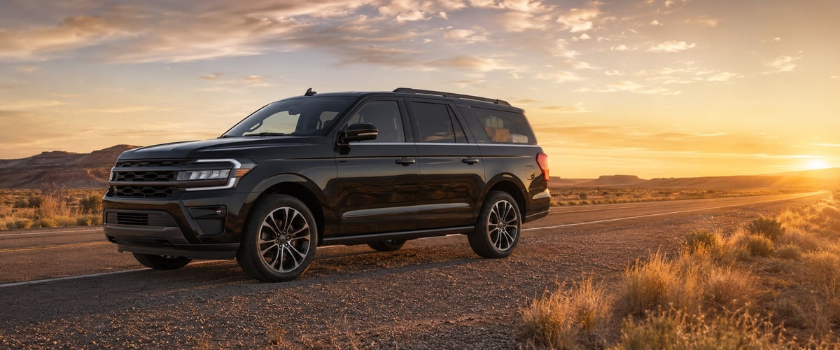 Family loading luggage into a Ford Expedition for a road trip in Houston