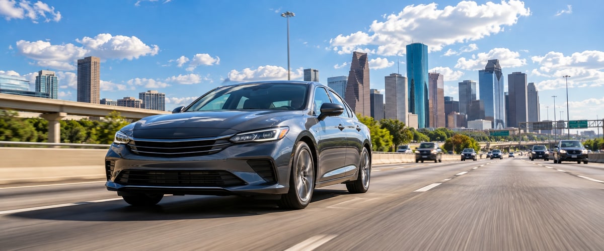 Gray full-size sedan driving on a Houston highway with the downtown skyline in the background