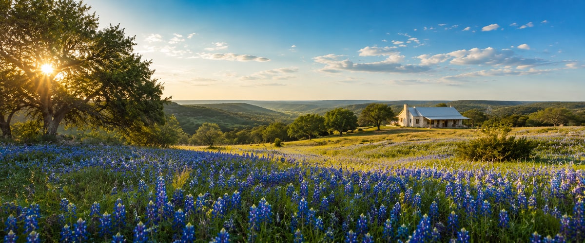 Texas Hill Country landscape with bluebonnets