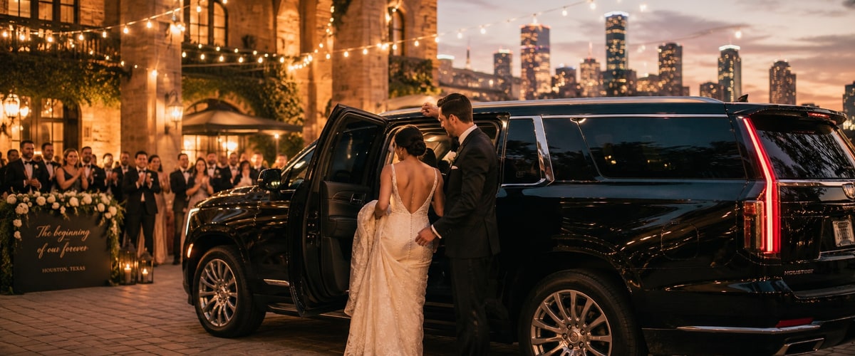Bride and groom stepping into black Cadillac Escalade outside Houston wedding venue at golden hour