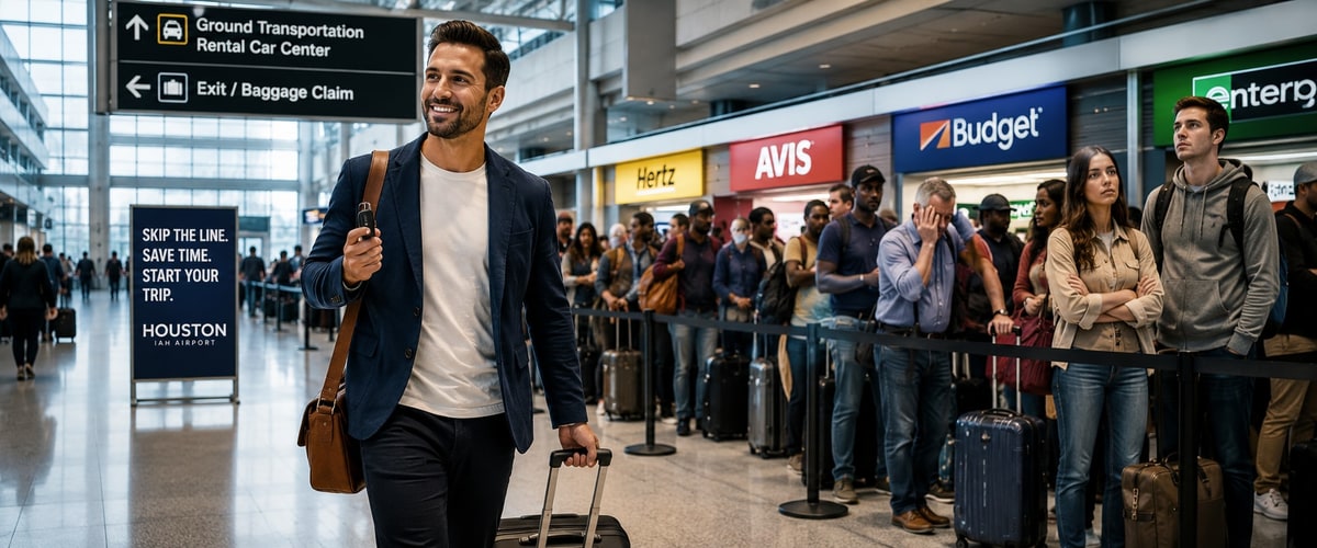 Smart traveler skipping airport rental counter lines at Houston IAH Airport