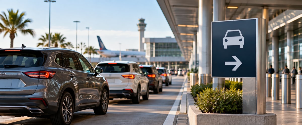 Cars lined up at an airport curbside near a rental car return sign
