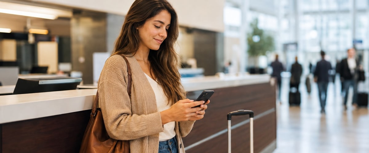 Woman standing at an empty rental car counter with luggage, holding a confirmed reservation
