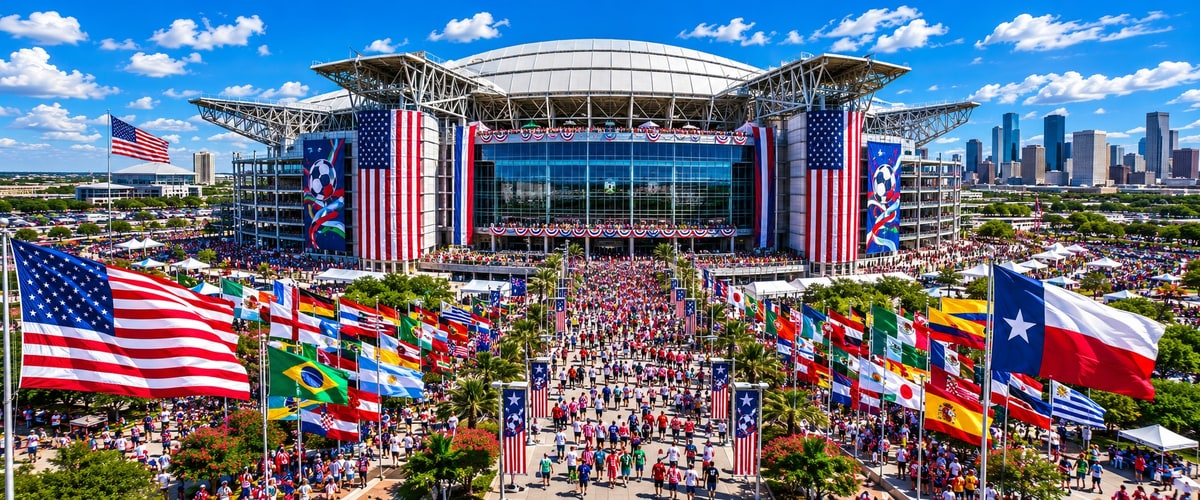 NRG Stadium Houston draped in American flags and World Cup 2026 banners on Independence Day with international flags lining the entrance