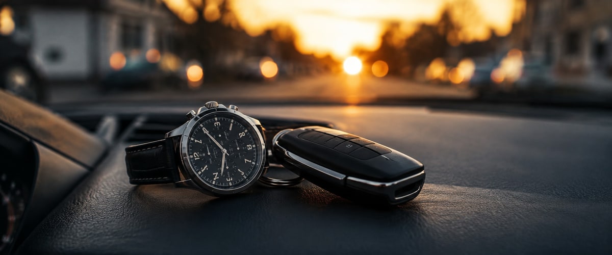 Guest checking the time while driving a rental car back in Houston