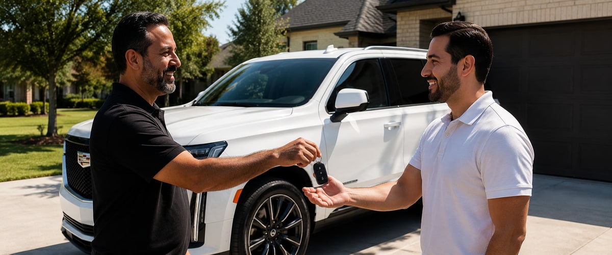 DriveonHTX owner handing keys to customer next to Cadillac Escalade in Cypress TX