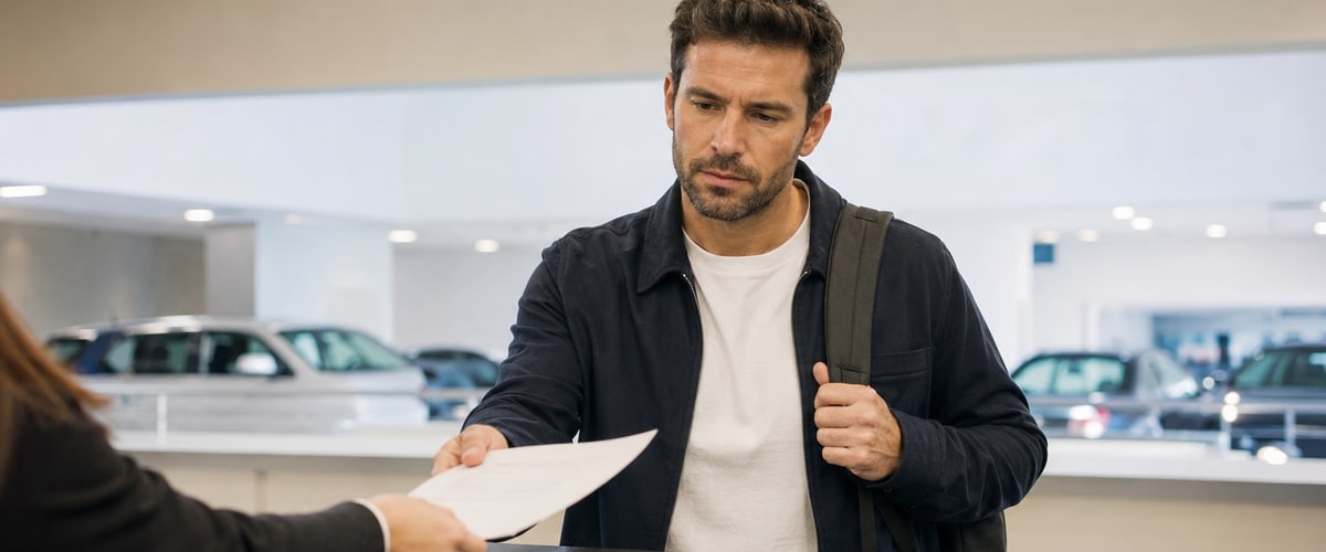 Rental car counter agent presenting an insurance add-on form to a customer