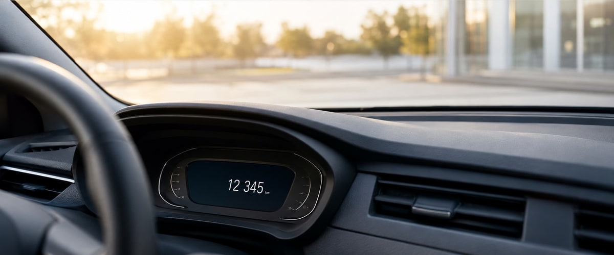 Close-up of a car odometer and dashboard, representing rental car mileage tracking and transparency