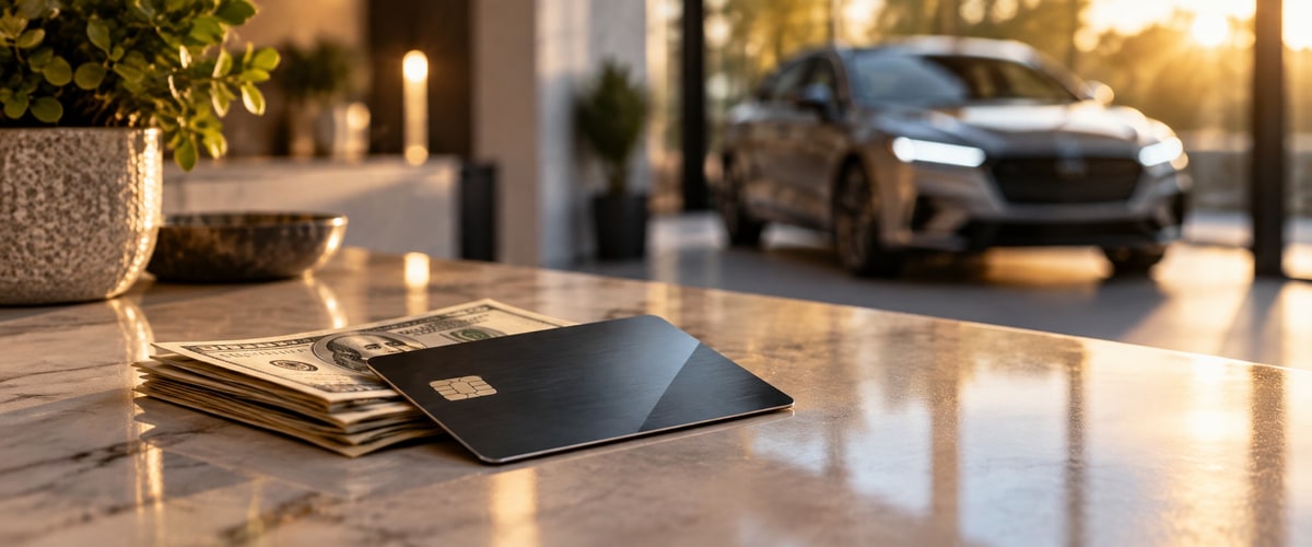 Cash and a metal credit card on a counter with a car parked in the background