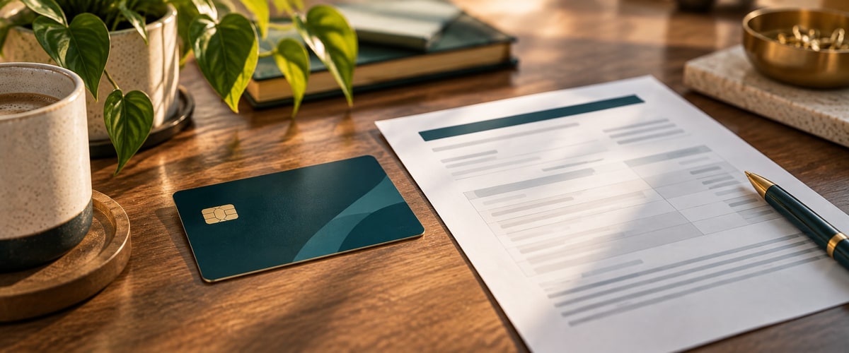 A dark credit card resting next to a printed document with a pen on a wood desk