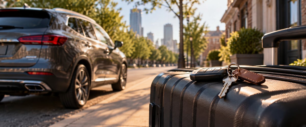 Black suitcase with a car key resting on top next to a parked SUV on a city street