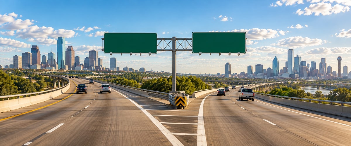 Highway with two lanes splitting toward blank overhead signs, city skyline visible on either side