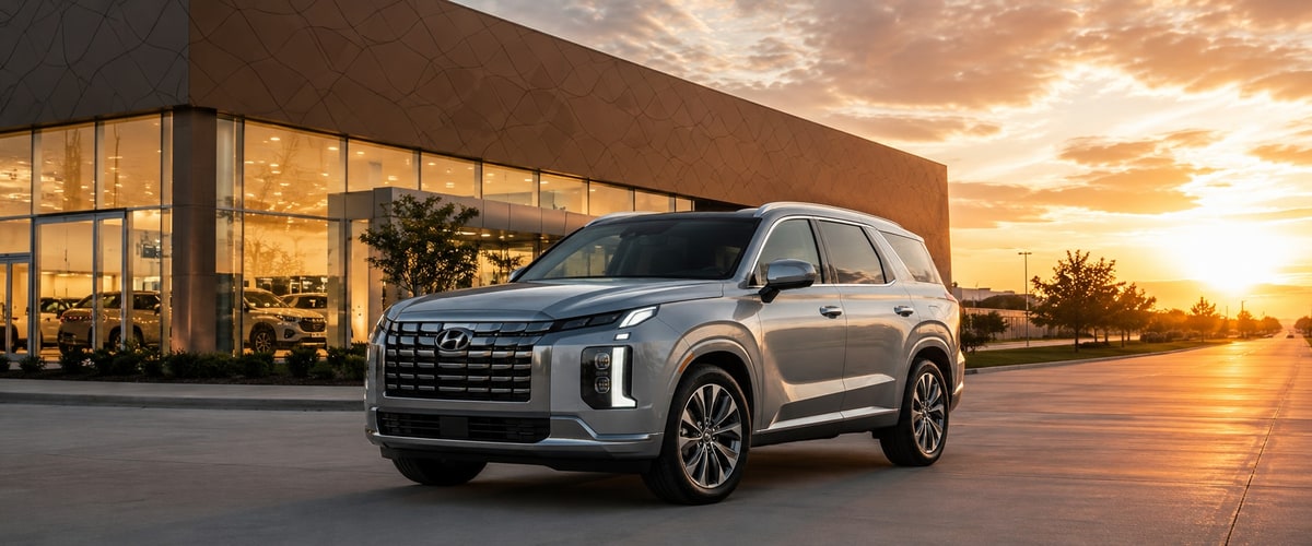2023 Hyundai Palisade silver parked outside Houston dealership at golden hour — rent before you buy