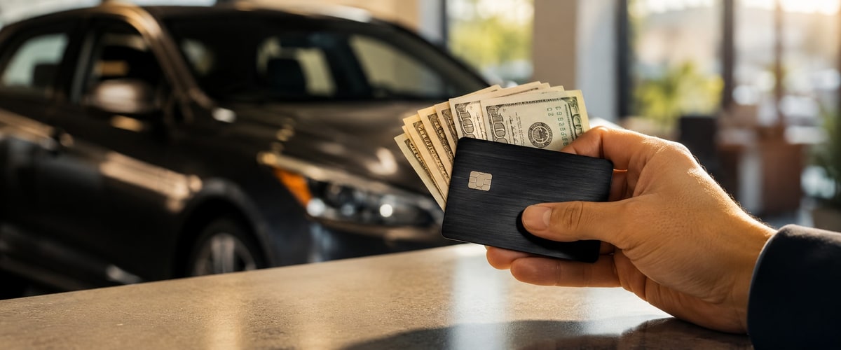 Renter holding a debit card and cash near a rental vehicle