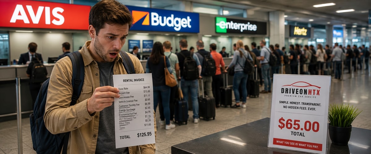 Shocked traveler at Houston airport rental counter seeing hidden fees on receipt