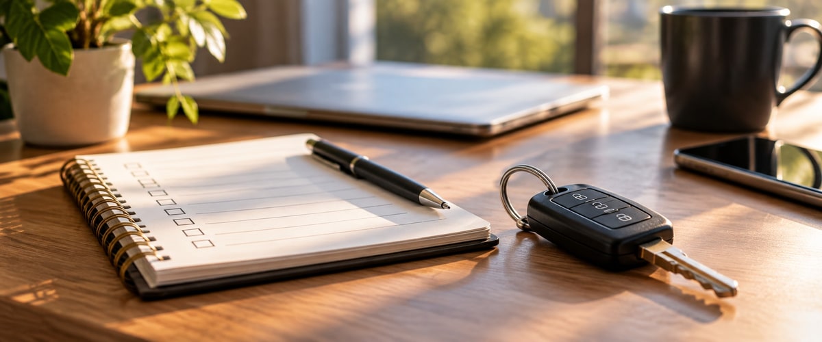 Checklist notepad, pen, and car key on a wood desk next to a laptop and coffee mug