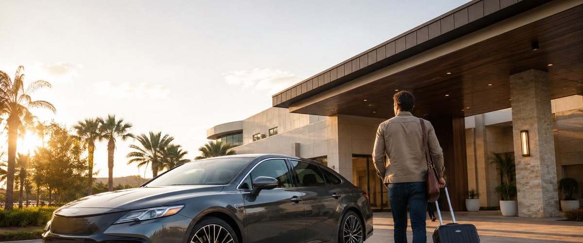 Rental car being delivered to a Houston hotel entrance instead of a pickup counter