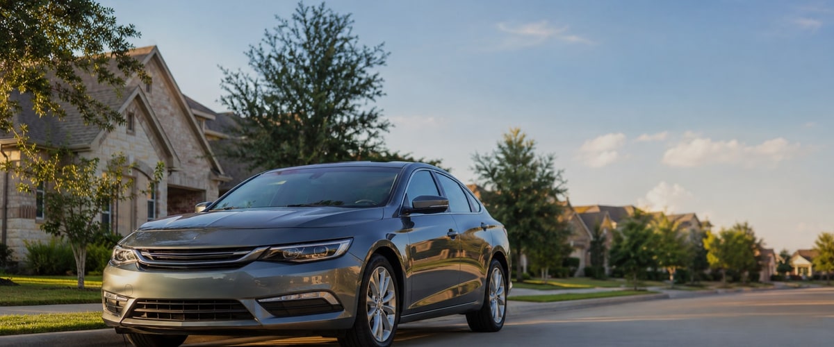 Rental car parked near a Houston neighborhood, away from the airport