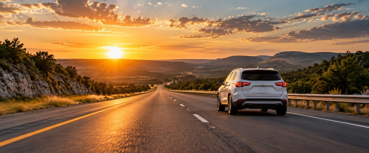 White SUV driving a Texas highway at sunset with hill country in the distance