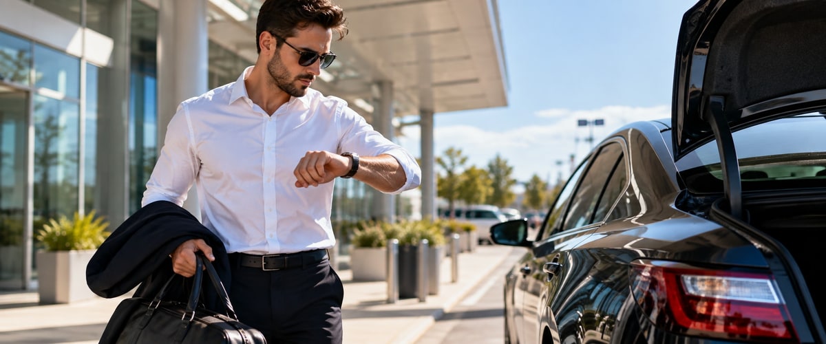 Man checking his watch while walking toward a car with an open trunk, holding a suitcase