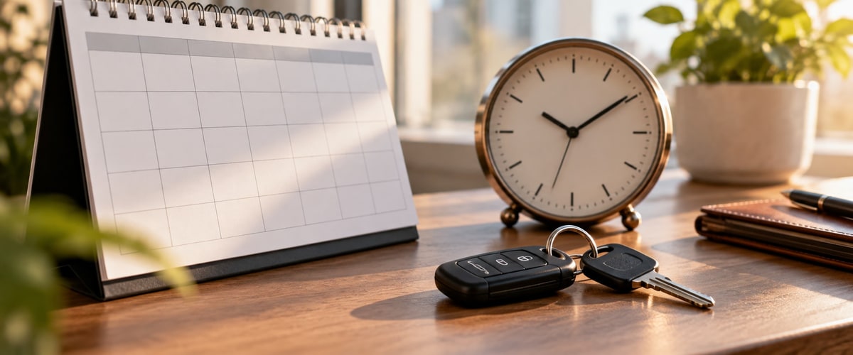 Desk calendar, clock, and car key on a wooden desk