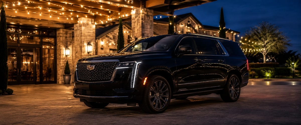 Luxury SUV parked outside a Houston venue for a wedding or special occasion rental