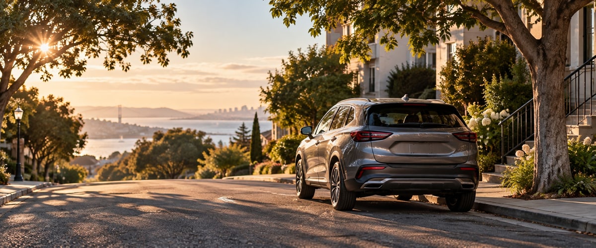 SUV parked on a quiet residential street at sunset