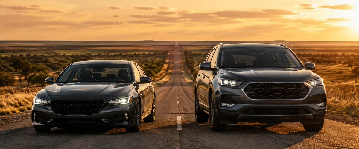 SUV and sedan side by side on a Texas highway at golden hour for a Houston road trip