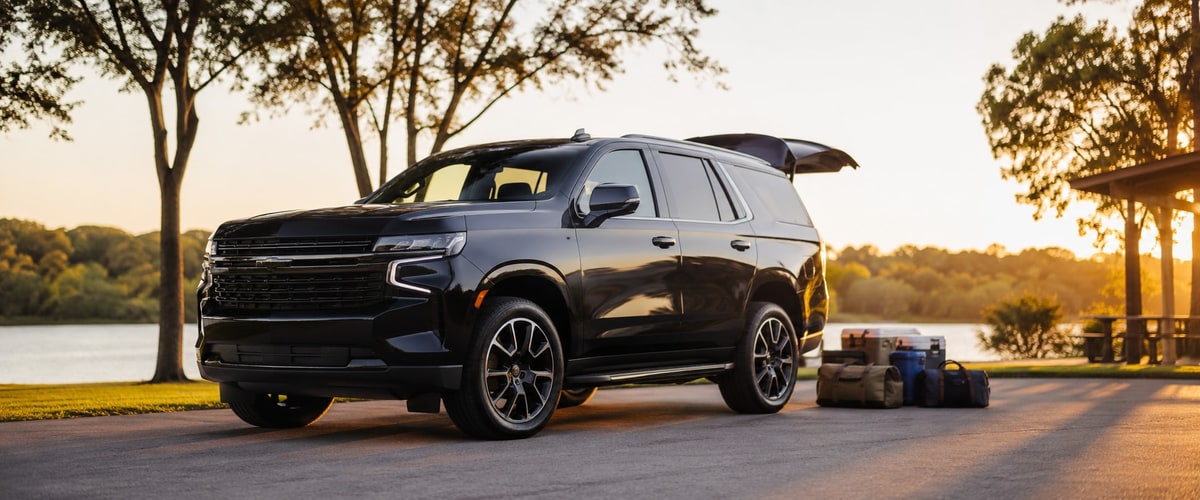 Family and friends loading luggage into a 2023 Chevrolet Tahoe group rental in Houston with all eight seats