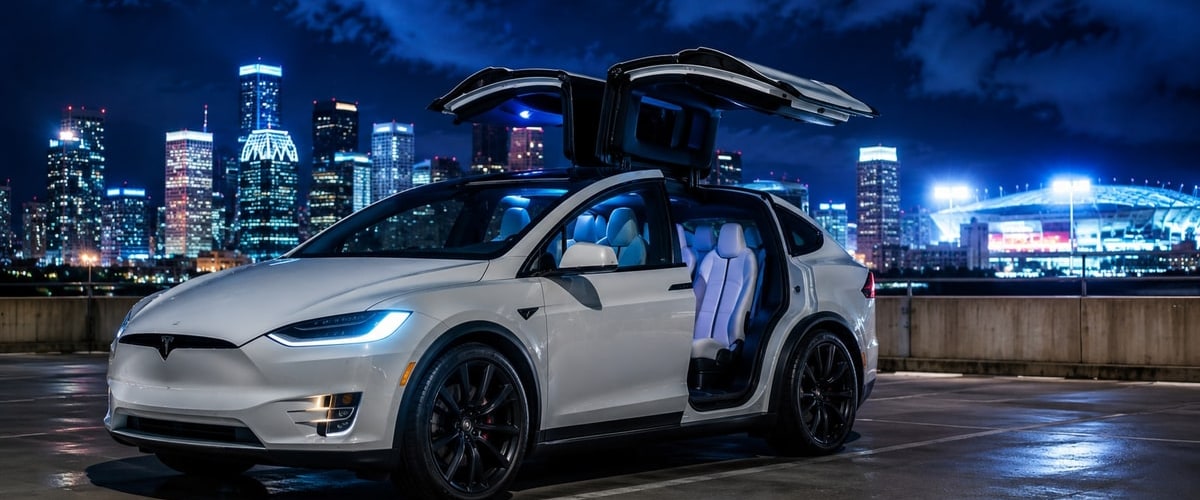 2023 Tesla Model X with falcon wing doors open overlooking Houston skyline at night during World Cup 2026
