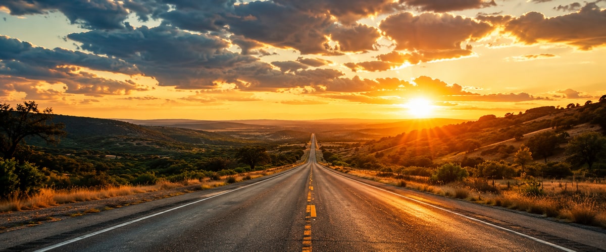 Texas highway road trip at golden hour