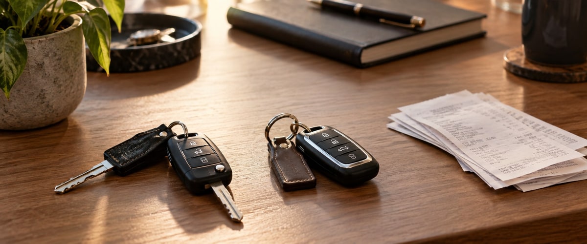 Two car key fobs and a printed receipt on a wood desk next to a notebook and pen