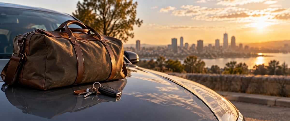 Duffel bag and car key on the hood of a car overlooking a city skyline at sunset