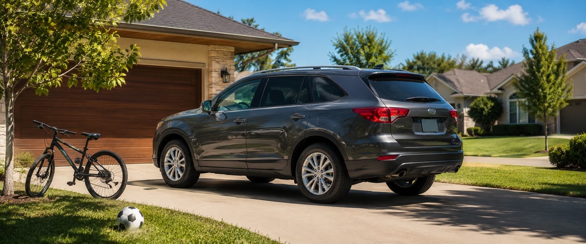 Family loading up a weekend rental SUV outside a Houston home instead of owning a second car