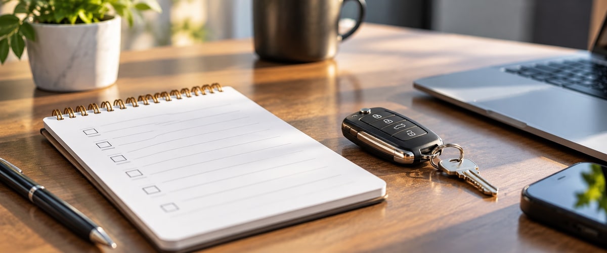 Checklist notepad, car key, and laptop on a wooden desk