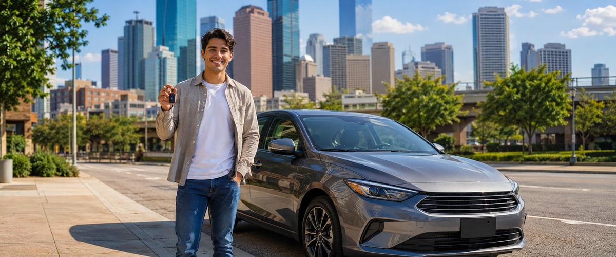 Young driver picking up a rental car key in Houston