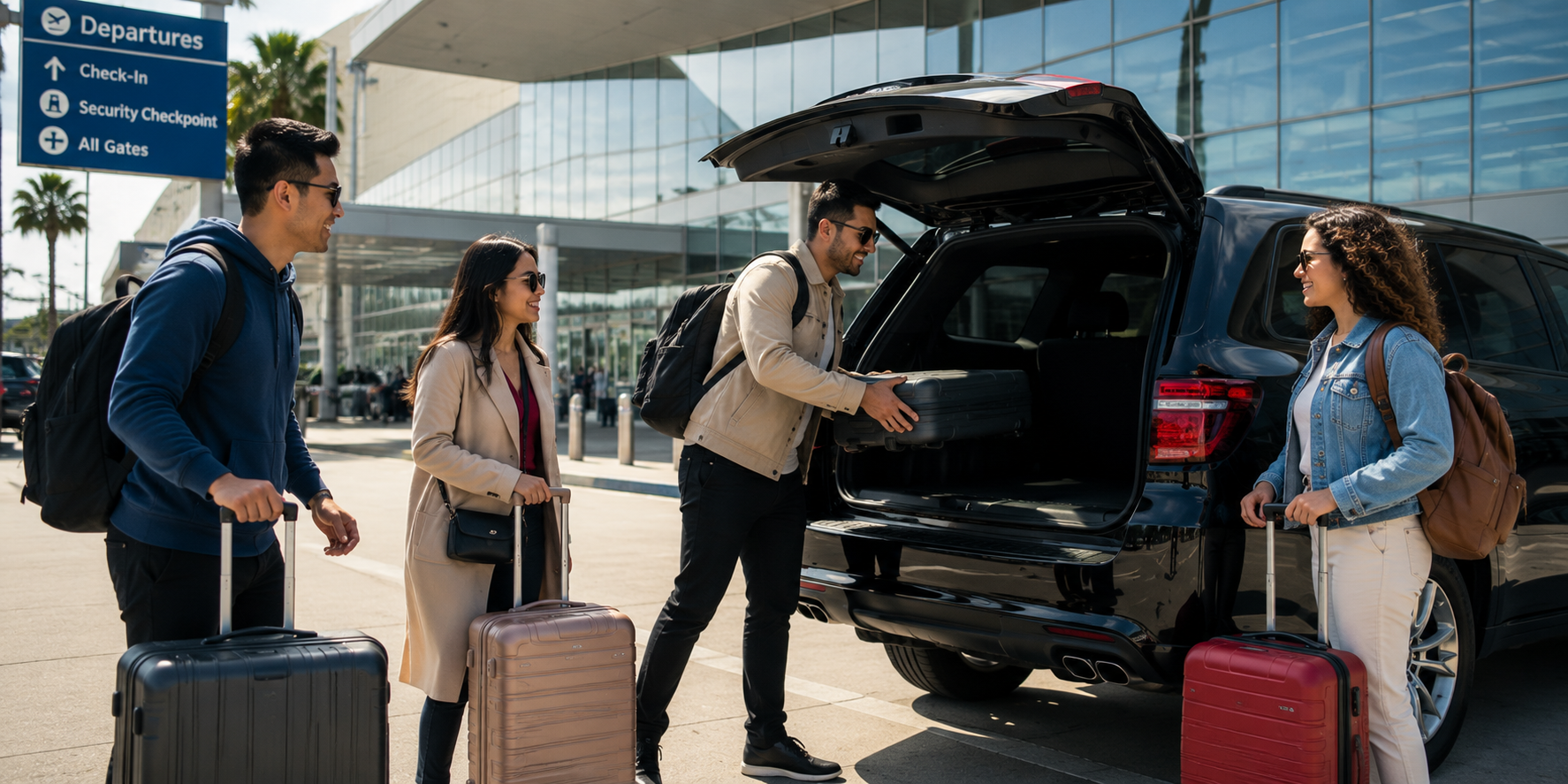 International travelers loading luggage into SUV outside Houston airport