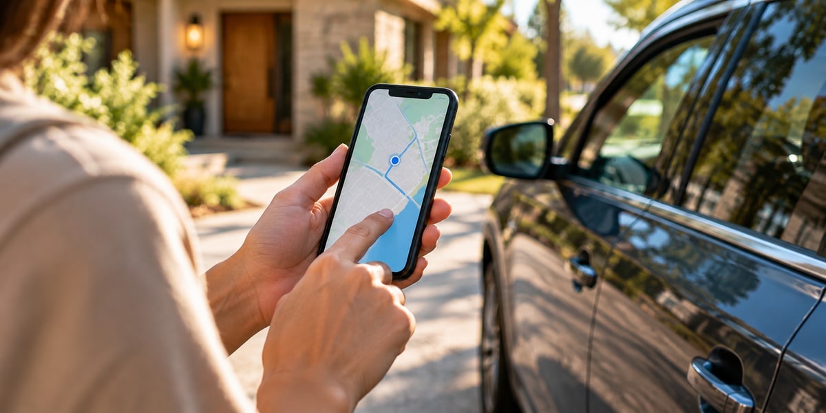 Person holding a phone showing a map with a pinned address next to a parked car